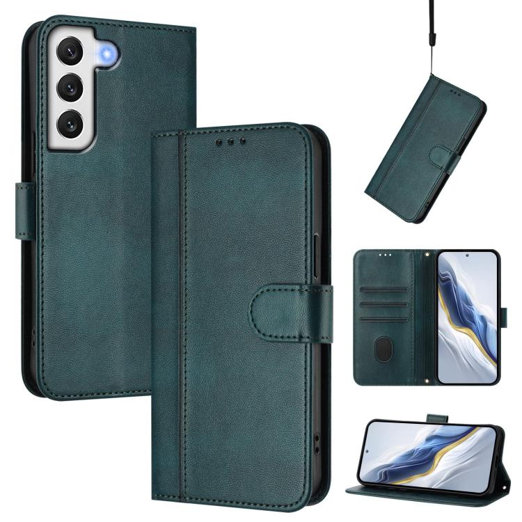 

For Samsung Galaxy S22 5G Line Splicing Buckle Retro Leather Phone Case(Dark Green)
