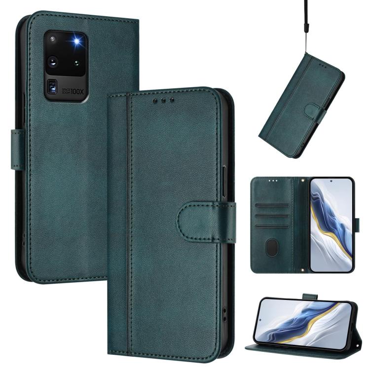 

For Samsung Galaxy S20 Ultra Line Splicing Buckle Retro Leather Phone Case(Dark Green)