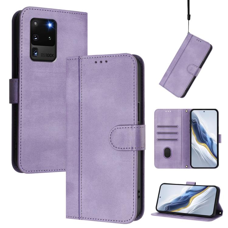 

For Samsung Galaxy S20 Ultra Line Splicing Buckle Retro Leather Phone Case(Purple)