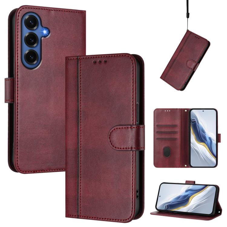 

For Samsung Galaxy S26+ 5G Line Splicing Buckle Retro Leather Phone Case(Wine Red)