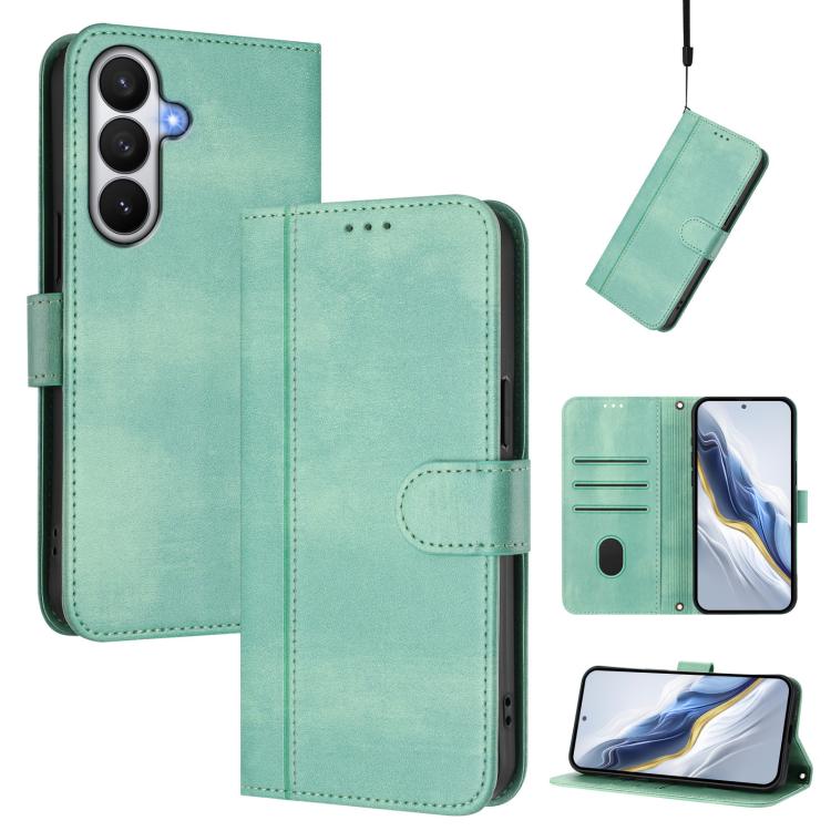 

For Samsung Galaxy S26 5G Line Splicing Buckle Retro Leather Phone Case(Mint Green)