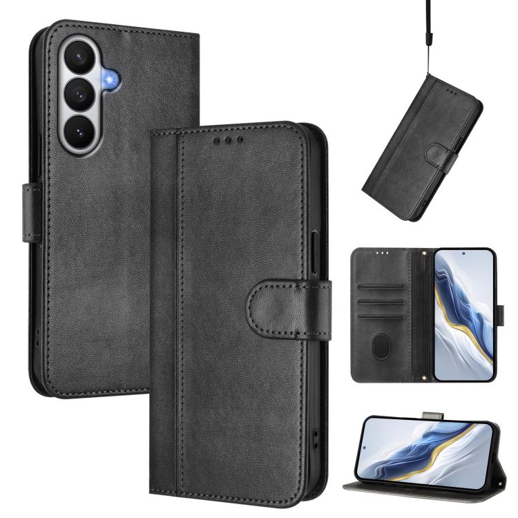 

For Samsung Galaxy S26 5G Line Splicing Buckle Retro Leather Phone Case(Black)