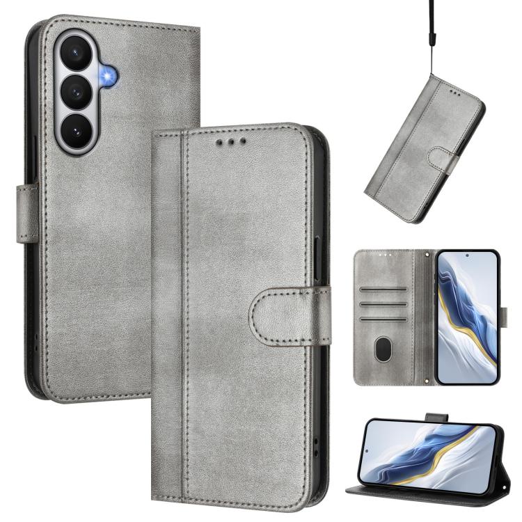 

For Samsung Galaxy S26 Pro 5G Line Splicing Buckle Retro Leather Phone Case(Grey)