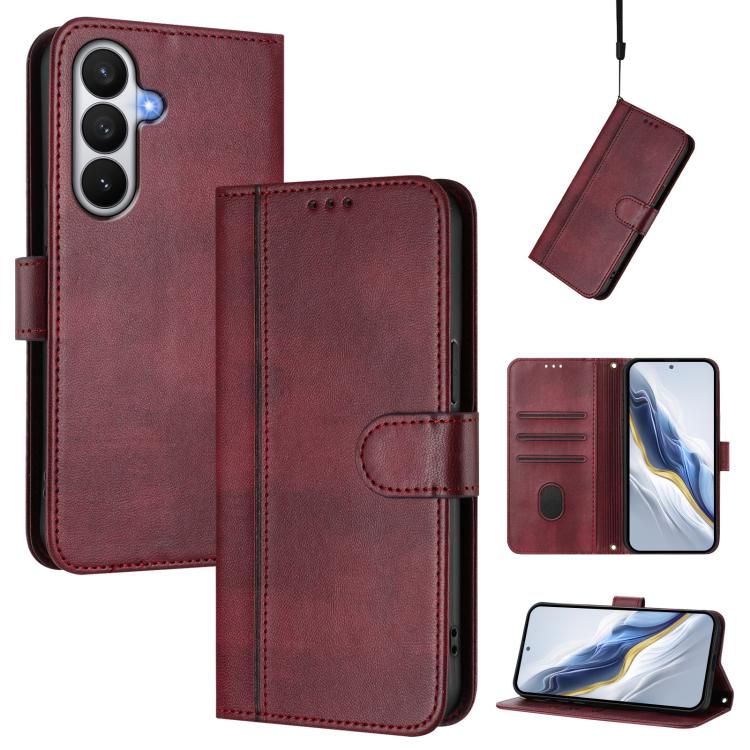 

For Samsung Galaxy S26 5G Line Splicing Buckle Retro Leather Phone Case(Wine Red)