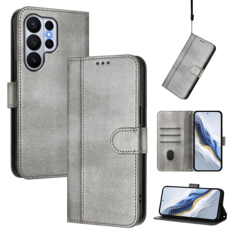 

For Samsung Galaxy S26 Ultra 5G Line Splicing Buckle Retro Leather Phone Case(Grey)