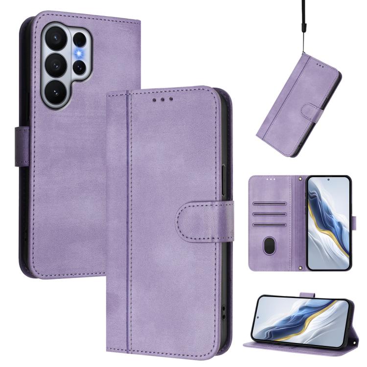 

For Samsung Galaxy S26 Ultra 5G Line Splicing Buckle Retro Leather Phone Case(Purple)