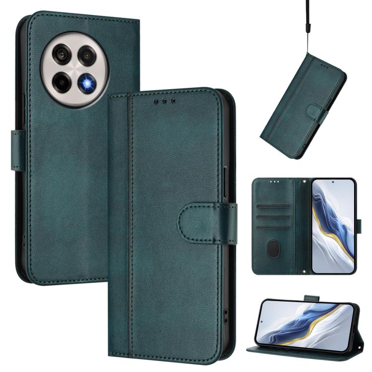 

For OnePlus 13R / OnePlus Ace 5 Pro Line Splicing Buckle Retro Leather Phone Case(Dark Green)