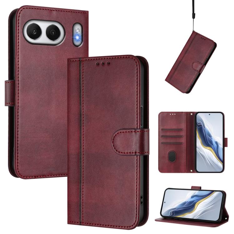 

For OnePlus Nord 4 Line Splicing Buckle Retro Leather Phone Case(Wine Red)