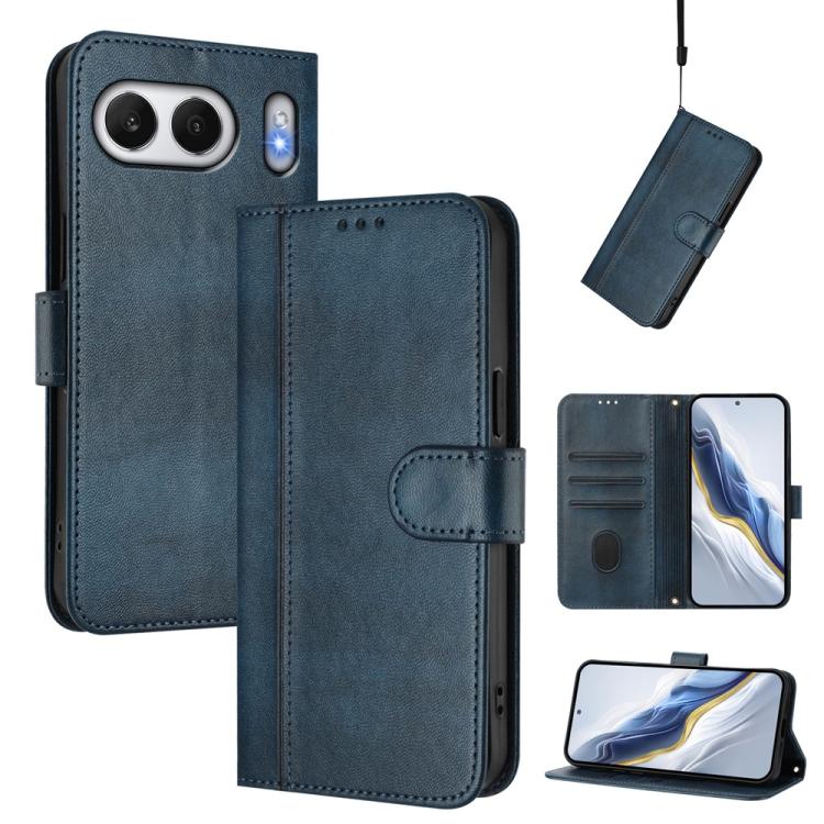 

For OnePlus Nord 4 Line Splicing Buckle Retro Leather Phone Case(Dark Blue)