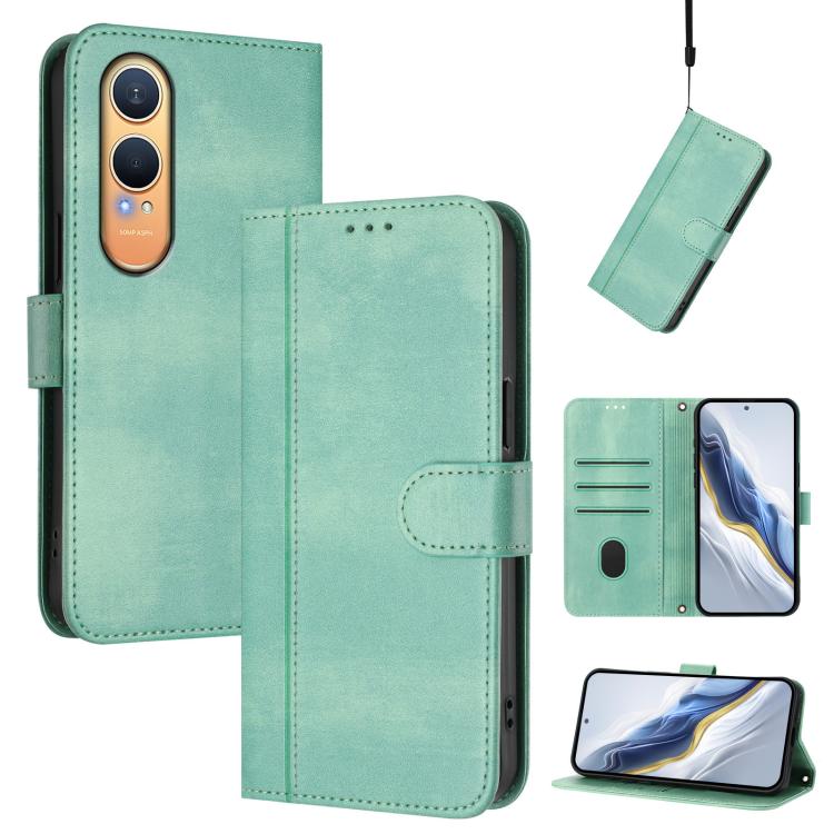 

For OnePlus Nord CE4 Lite India Line Splicing Buckle Retro Leather Phone Case(Mint Green)