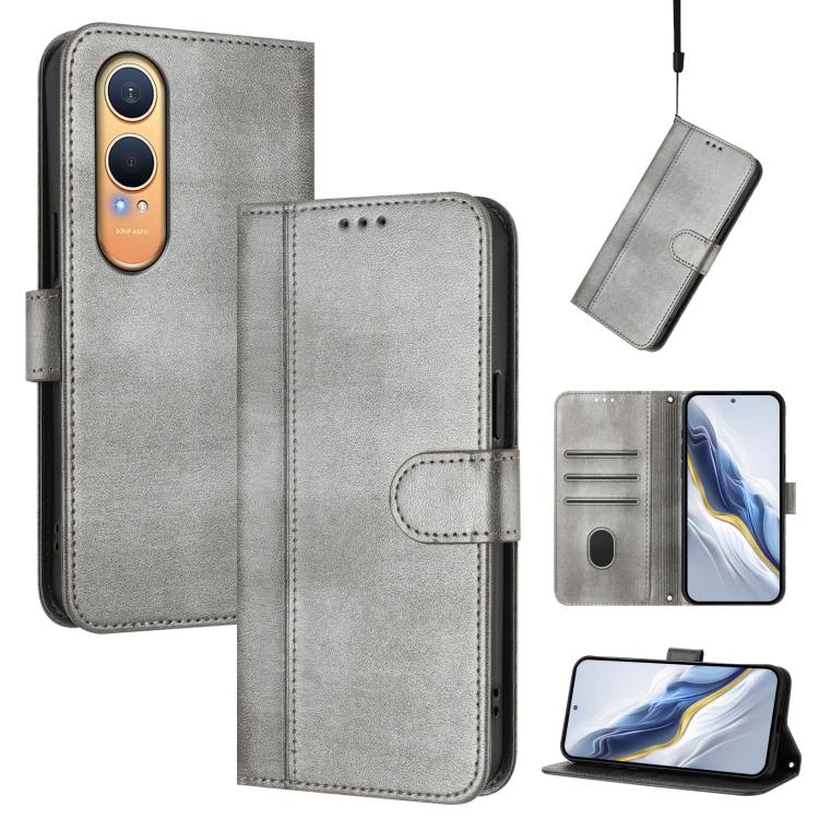 

For OnePlus Nord CE4 Lite India Line Splicing Buckle Retro Leather Phone Case(Grey)
