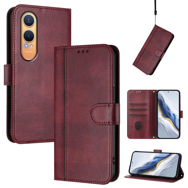 

For OnePlus Nord CE4 Lite India Line Splicing Buckle Retro Leather Phone Case(Wine Red)