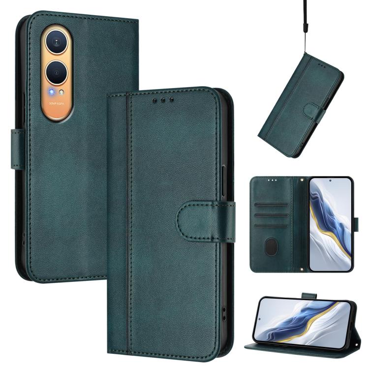 

For OnePlus Nord CE4 Lite India Line Splicing Buckle Retro Leather Phone Case(Dark Green)