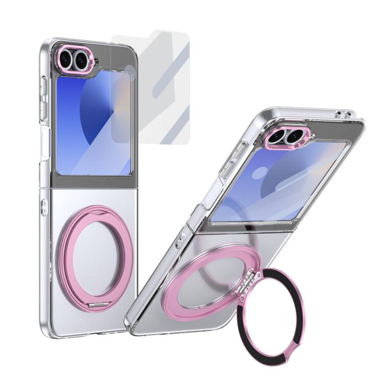 

For Samsung Galaxy Z Flip6 5G Integrated Ice-feel High-transparency 360-Degree Rotating Stand MagSafe Folding Phone Case(Pink)