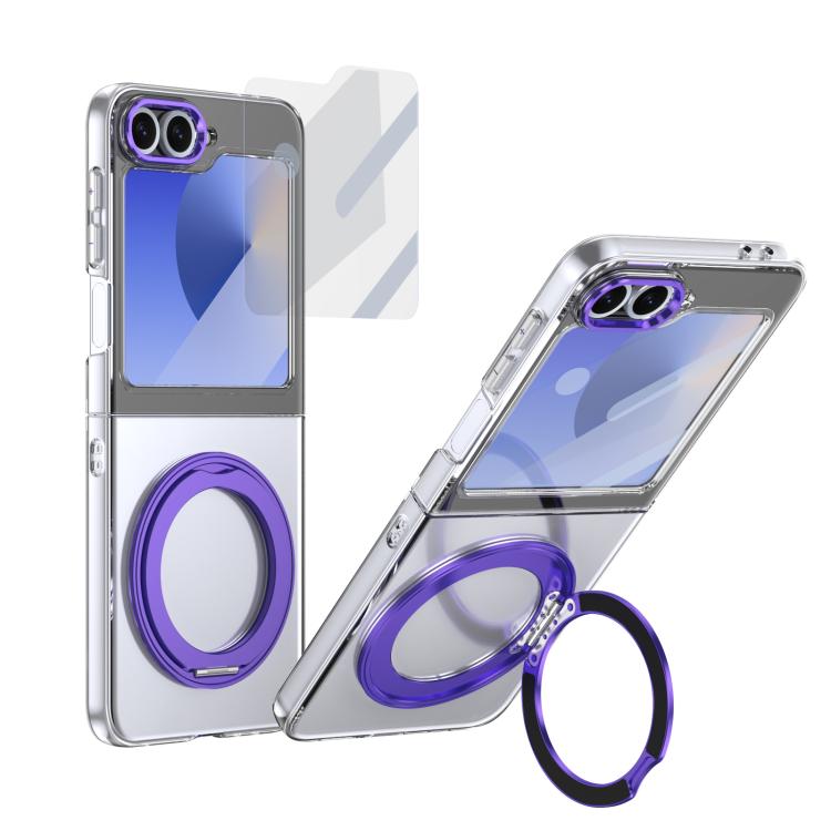 

For Samsung Galaxy Z Flip7 FE / Flip6 Integrated Ice-feel High-transparency 360-Degree Rotating Stand MagSafe Folding Phone Case(Violet)