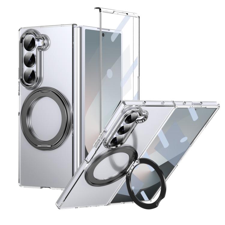 

For Samsung Galaxy Z Fold6 5G Integrated Ice-feel High-transparency 360-Degree Rotating Stand MagSafe Folding Phone Case(Black)