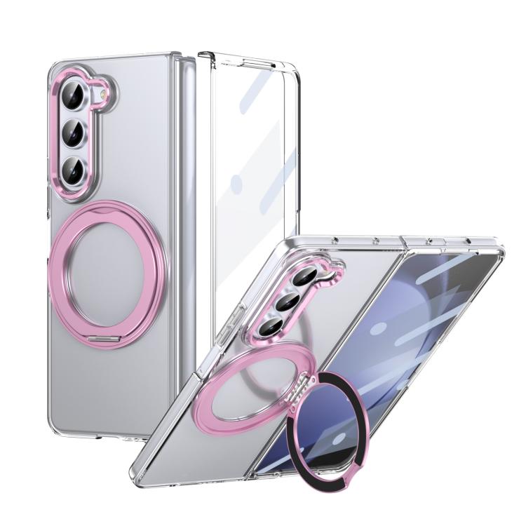

For Samsung Galaxy Z Fold5 5G Integrated Ice-feel High-transparency 360-Degree Rotating Stand MagSafe Folding Phone Case(Pink)