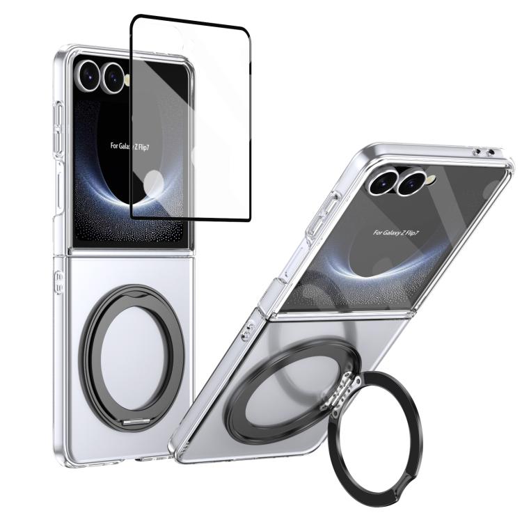 

For Samsung Galaxy Z Flip7 5G Integrated Ice-feel High-transparency 360-Degree Rotating Stand MagSafe Folding Phone Case(Black)