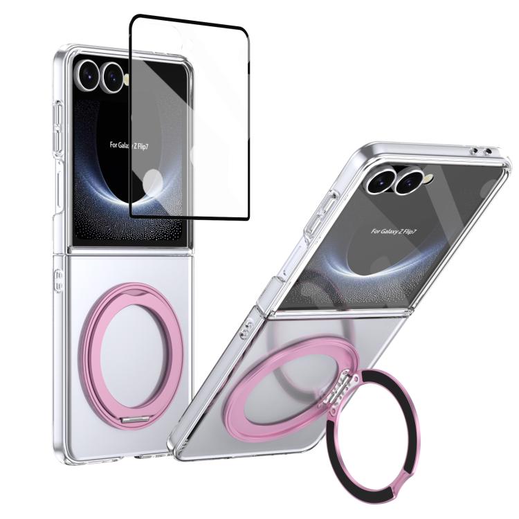 

For Samsung Galaxy Z Flip7 5G Integrated Ice-feel High-transparency 360-Degree Rotating Stand MagSafe Folding Phone Case(Pink)