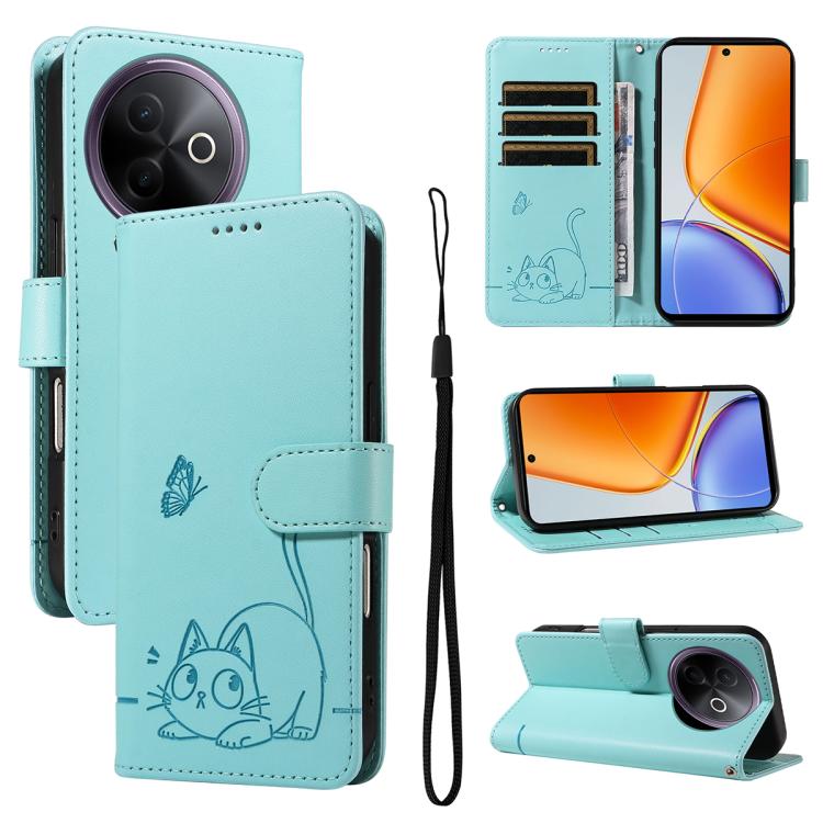 

For vivo Y39 5G Global Adorable Cat Embossed Pattern Flip Leather Phone Case(Green)