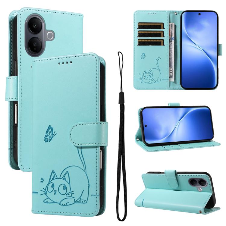 

For vivo V60 Lite 4G Adorable Cat Embossed Pattern Flip Leather Phone Case(Green)