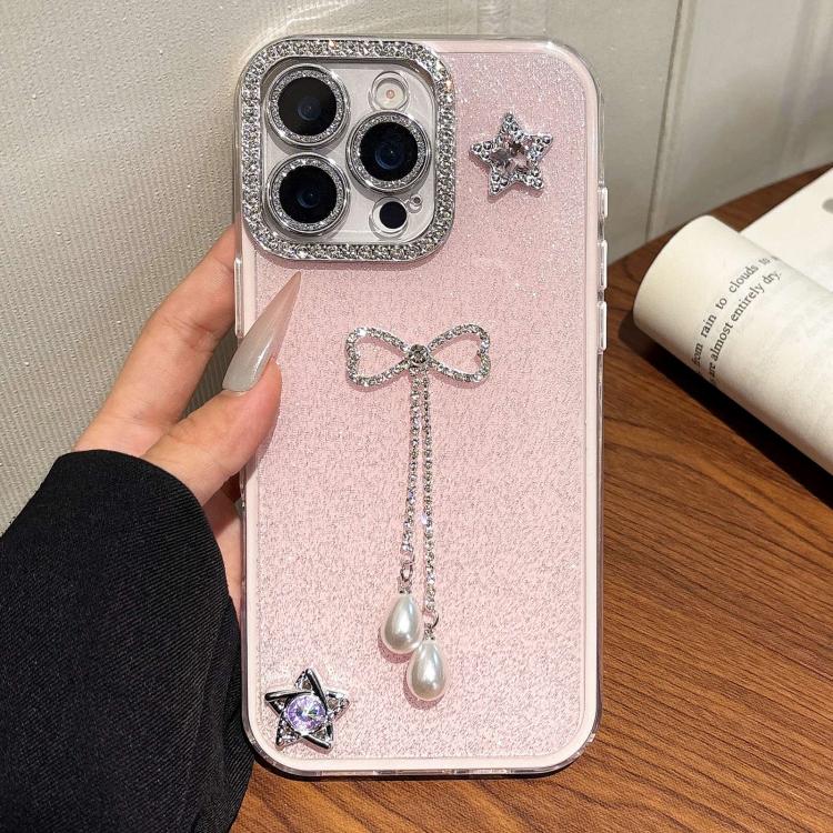 

For iPhone 16 Pro Max Solid Color Glitter Powder Rhinestone Tassel Phone Case(Pink)
