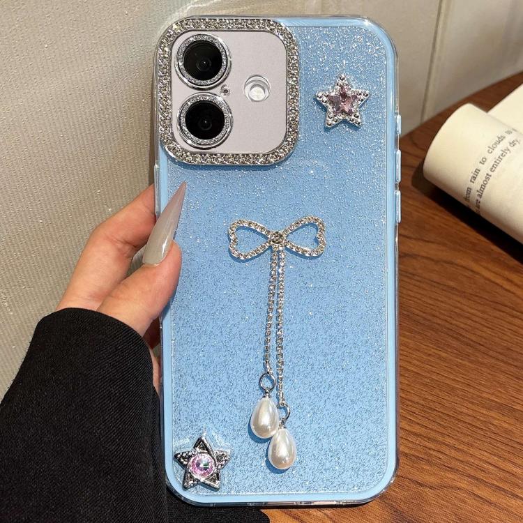 

For iPhone 16 Solid Color Glitter Powder Rhinestone Tassel Phone Case(Blue)
