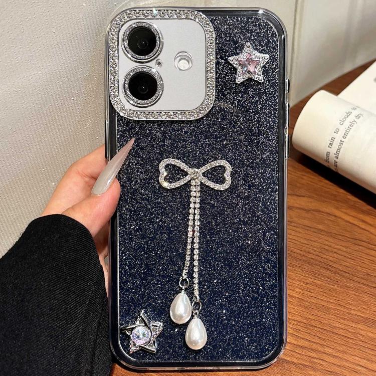 

For iPhone 16 Solid Color Glitter Powder Rhinestone Tassel Phone Case(Black)