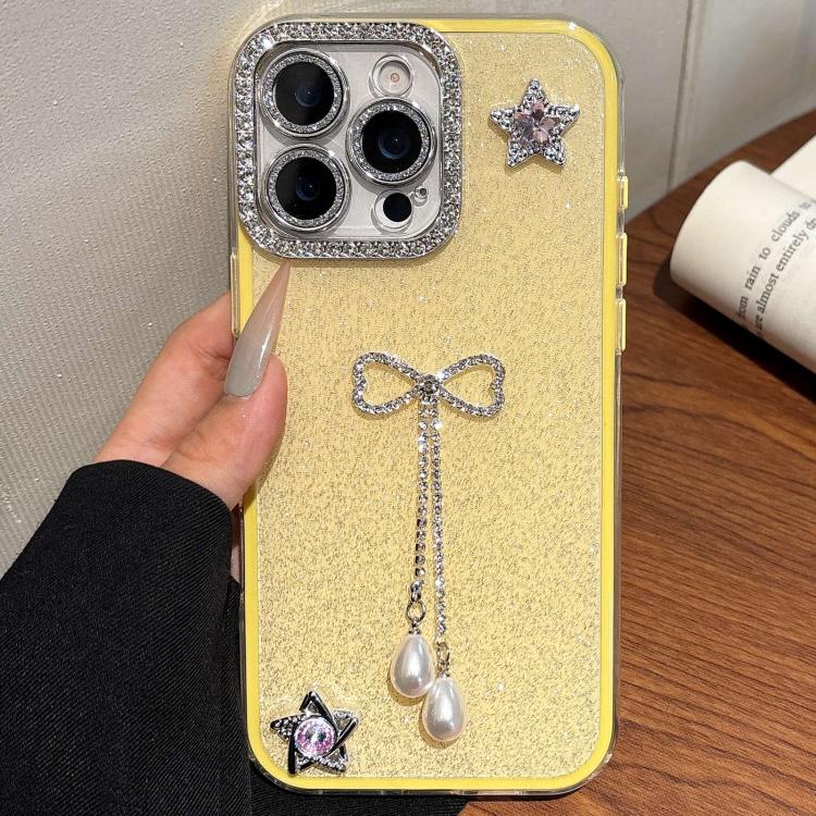 

For iPhone 15 Pro Max Solid Color Glitter Powder Rhinestone Tassel Phone Case(Yellow)