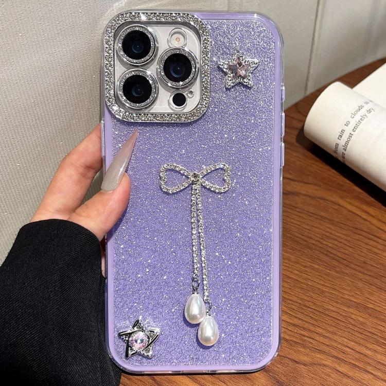 

For iPhone 15 Pro Solid Color Glitter Powder Rhinestone Tassel Phone Case(Purple)