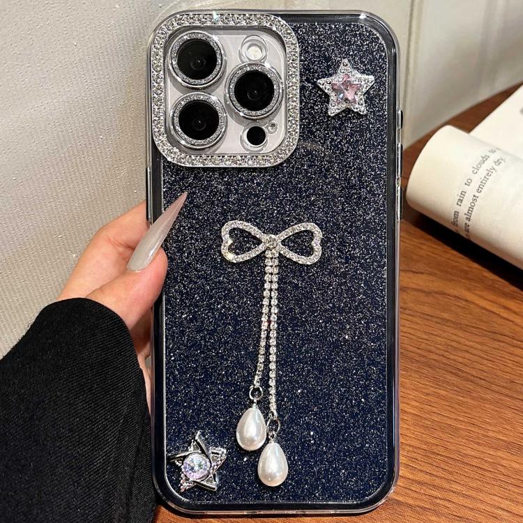 

For iPhone 15 Pro Solid Color Glitter Powder Rhinestone Tassel Phone Case(Black)
