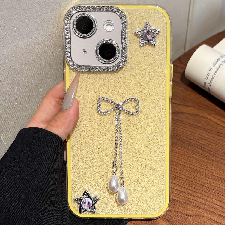 

For iPhone 15 Plus / 14 Plus Solid Color Glitter Powder Rhinestone Tassel Phone Case(Yellow)