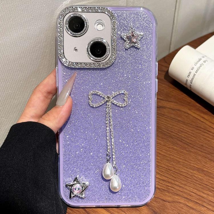 

For iPhone 15 Solid Color Glitter Powder Rhinestone Tassel Phone Case(Purple)