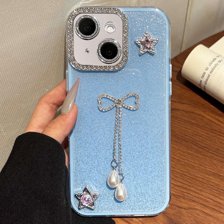 

For iPhone 15 Solid Color Glitter Powder Rhinestone Tassel Phone Case(Blue)