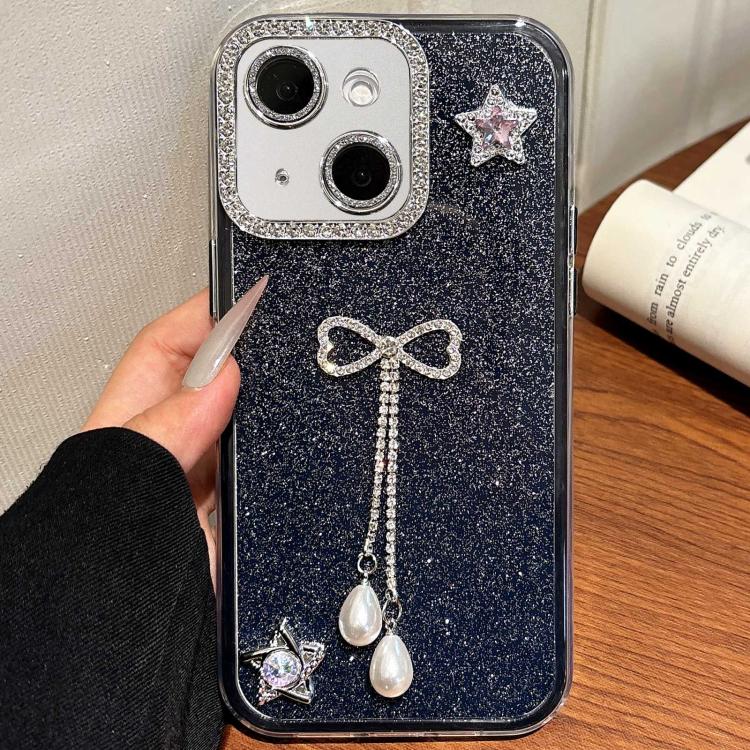 

For iPhone 15 Solid Color Glitter Powder Rhinestone Tassel Phone Case(Black)