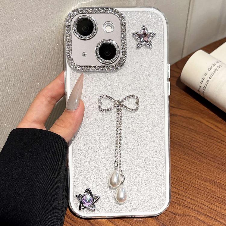 

For iPhone 14 / 13 Solid Color Glitter Powder Rhinestone Tassel Phone Case(White)