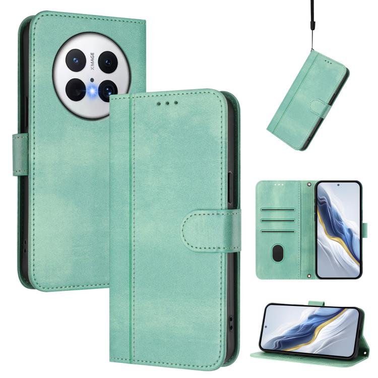 

For Huawei Mate 70 Pro Line Splicing Buckle Retro Leather Phone Case(Mint Green)