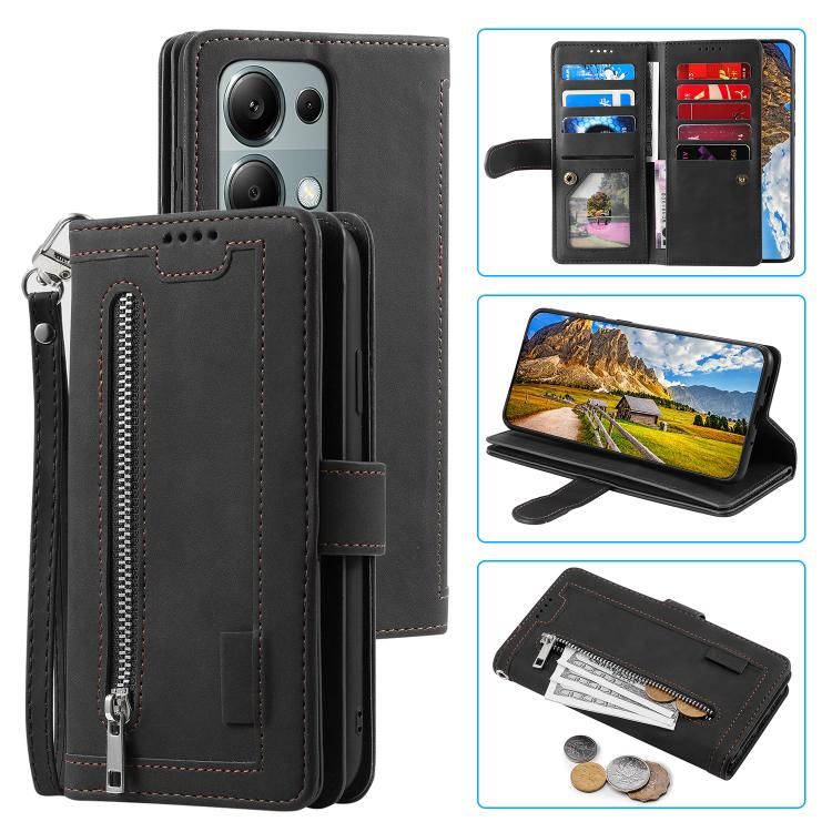 

For OPPO Reno13 Pro Nine Card Zipper Bag Leather Phone Case with Lanyard(Black)