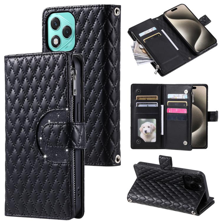 

For Honor 400 Lite Glitter Lattice Zipper Wallet Leather Phone Case(Black)