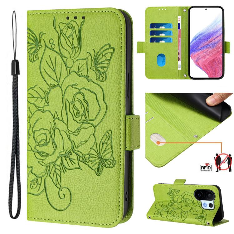 

For vivo S30 Pro mini Embossed Rose RFID Anti-theft Leather Phone Case(Green)