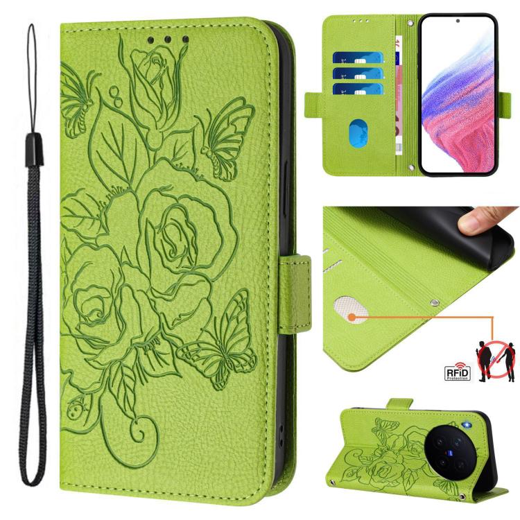 

For vivo X300 Pro 5G Embossed Rose RFID Anti-theft Leather Phone Case(Green)