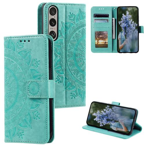 

For Sony Xperia 1 VII Totem Flower Embossed Leather Phone Case with Lanyard(Green)