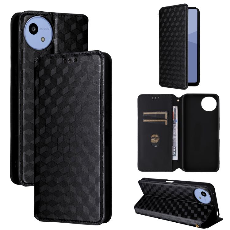 

For Sharp Aquos wish5 Cubic Grid Texture Flip Leather Phone Case(Black)