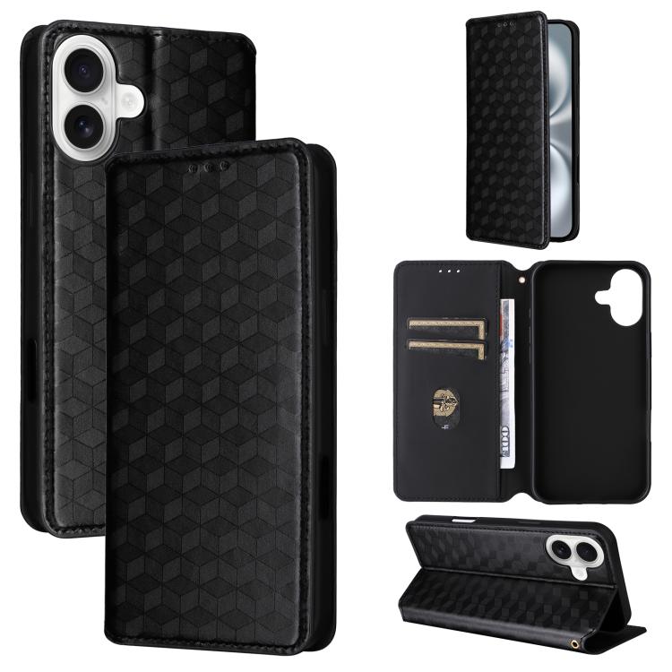 

For iPhone 16 Cubic Grid Texture Flip Leather Phone Case(Black)