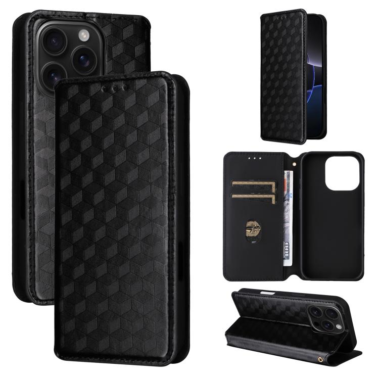 

For iPhone 16 Pro Cubic Grid Texture Flip Leather Phone Case(Black)