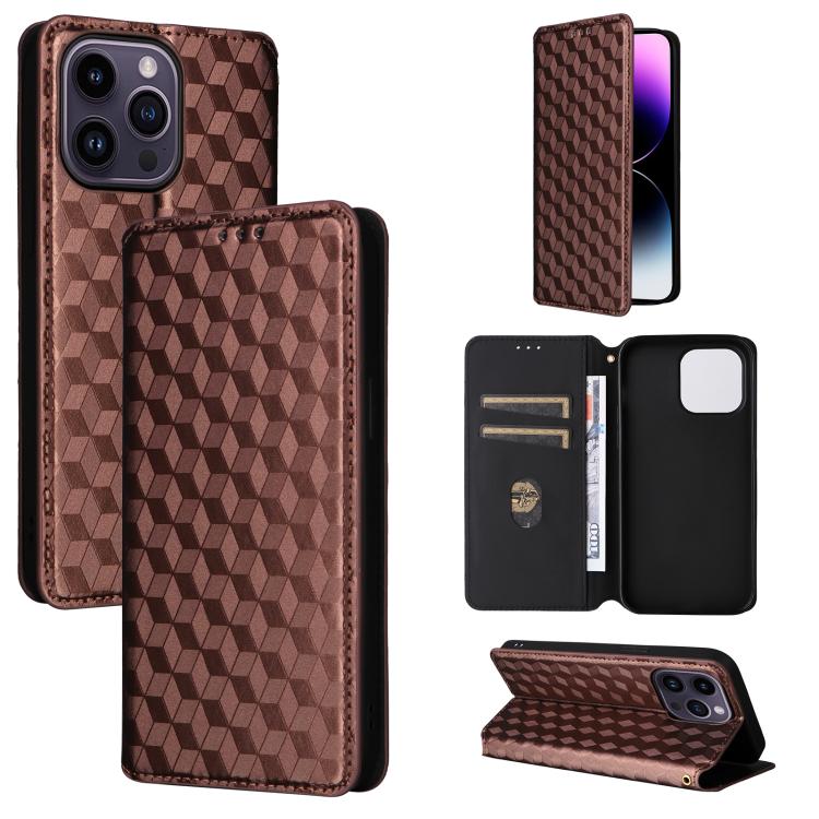 

For iPhone 15 Pro Max Cubic Grid Texture Flip Leather Phone Case(Brown)