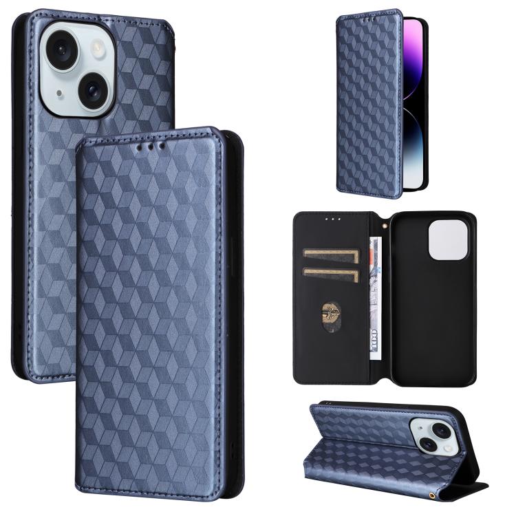 

For iPhone 15 Plus Cubic Grid Texture Flip Leather Phone Case(Blue)