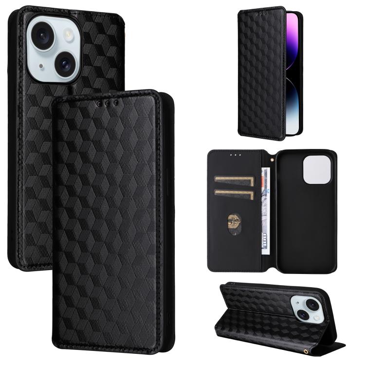 

For iPhone 15 Cubic Grid Texture Flip Leather Phone Case(Black)