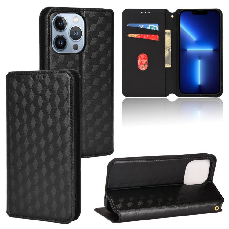

For iPhone 14 Pro Max Cubic Grid Texture Flip Leather Phone Case(Black)