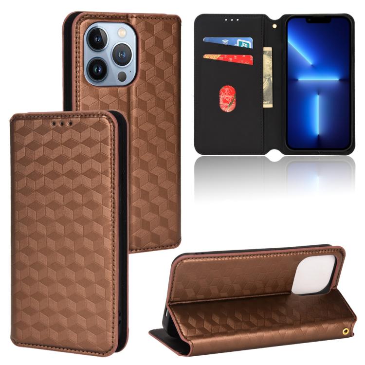 

For iPhone 14 Pro Max Cubic Grid Texture Flip Leather Phone Case(Brown)
